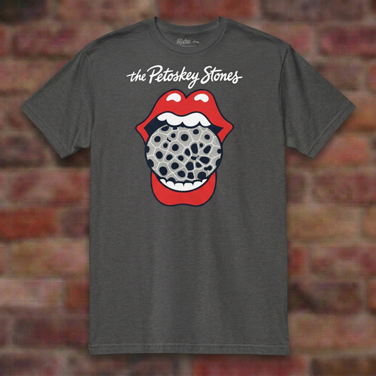 Petoskey Stones Dark Heather Grey T-shirt flat lay on brick background