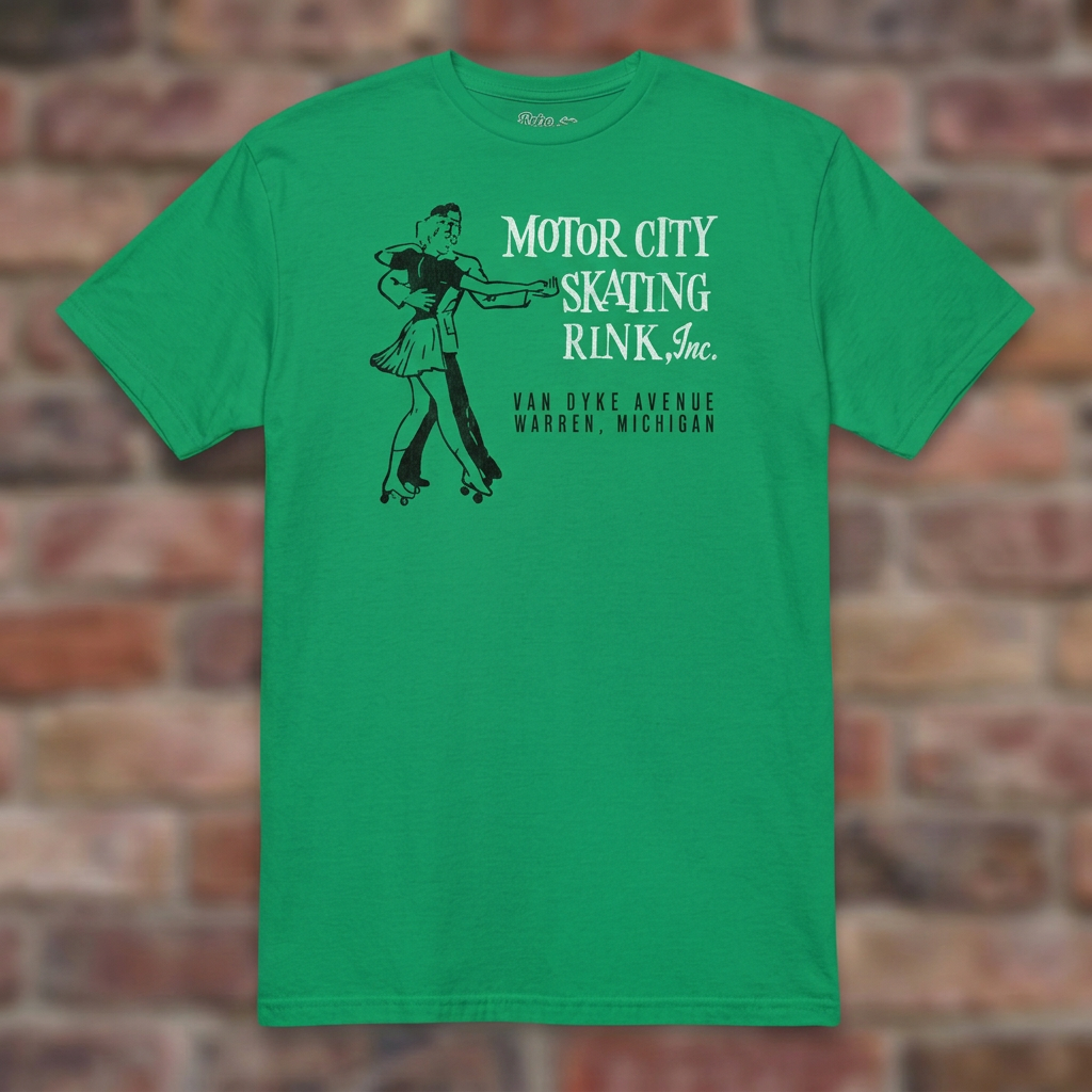 Motor City Skating Rink Irish Green T-shirt flat lay on brick background