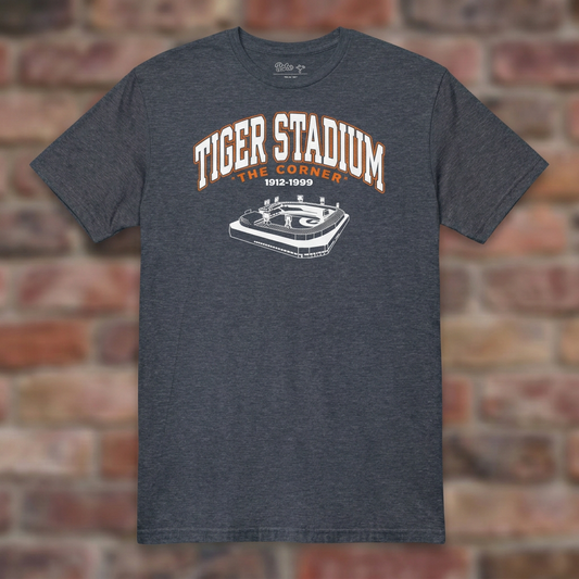 Heather Navy Tiger Stadium 1912-1999 T-shirt flat-lay against weathered brick