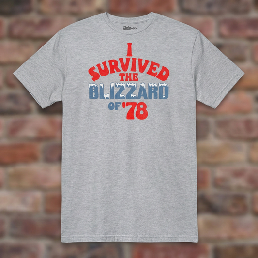 I Survived the Blizzard of '78 Sport Grey T-shirt flat lay on brick background