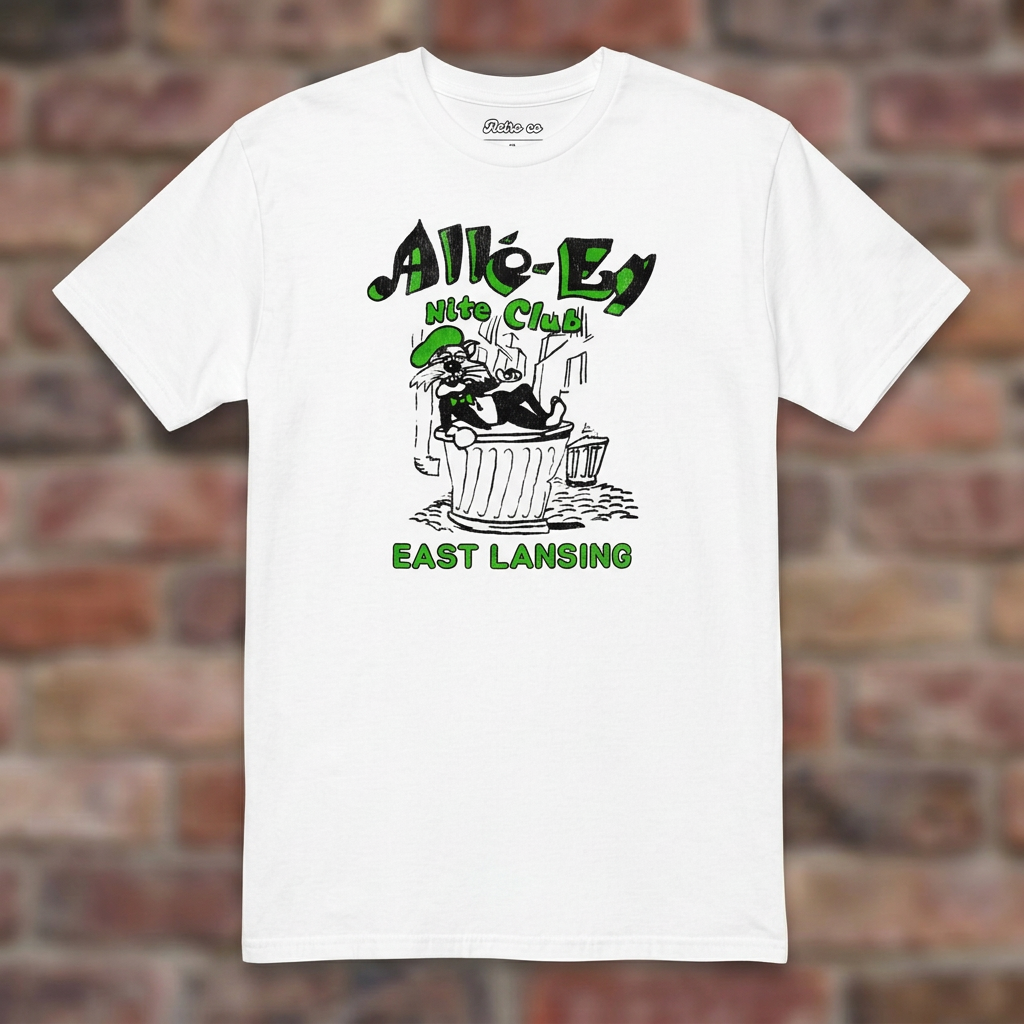 Alle-Ey Nite Club White T-shirt flat lay on brick background