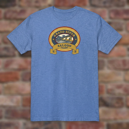 Grand River Saloon Heather Royal T-shirt flat lay on brick background
