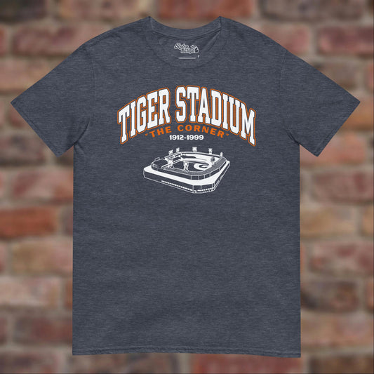 Heather Navy Tiger Stadium 1912-1999 T-shirt flat-lay against weathered brick