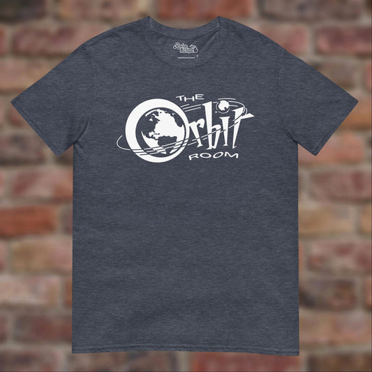 The Orbit Room Heather Navy T-shirt flat lay on weathered brick background
