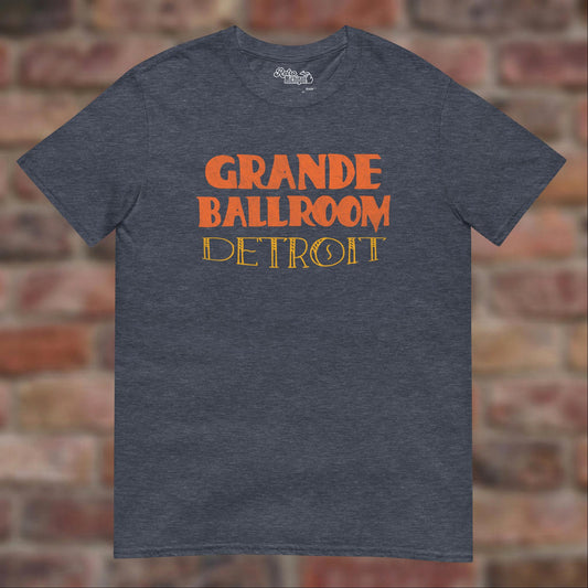 Grande Ballroom Detroit Heather Navy T-shirt flat lay on brick background