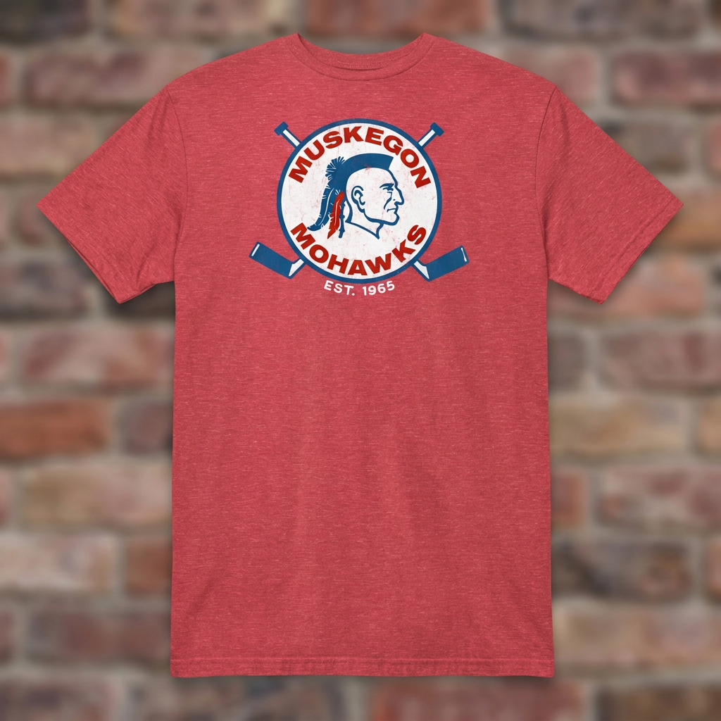 Heather red Muskegon Mohawks Hockey 1965 T-shirt laid flat against a weathered brick background
