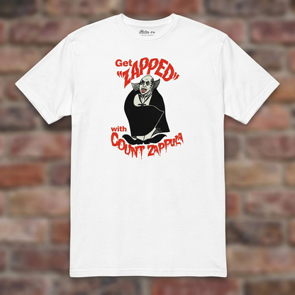 Get Zapped White T-shirt flat lay on brick background