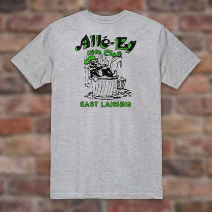 Alle-Ey Nite Club Sport Grey T-shirt flat lay on brick background