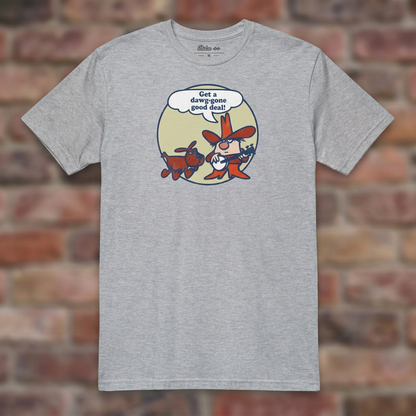 Get a Dawg-Gone Good Deal T-shirt in Sport Grey, flat lay on warm brick background