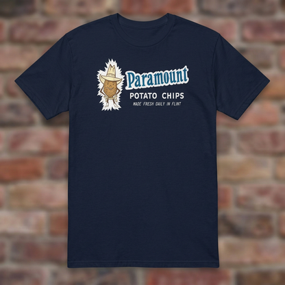 Paramount Potato Chips Navy T-shirt flat lay on brick background