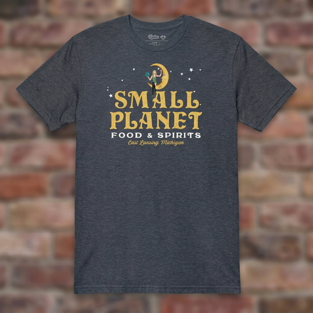 Small Planet East Lansing T-shirt in Heather Navy on weathered brick background
