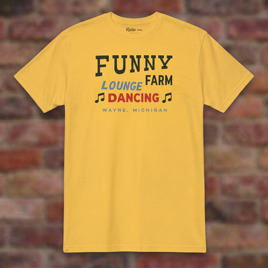 Funny Farm Lounge Wayne Daisy T-shirt flat lay on brick background