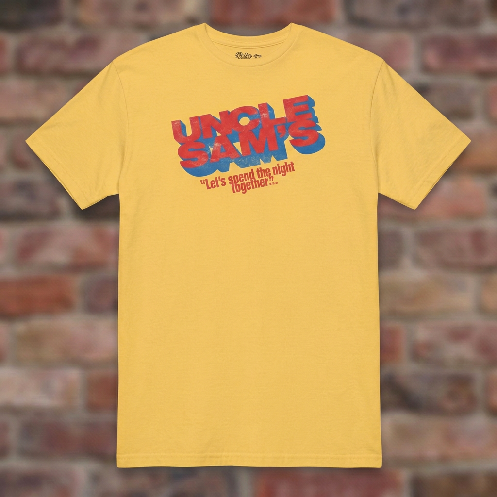 Uncle Sam's Daisy T-shirt flat lay on brick background