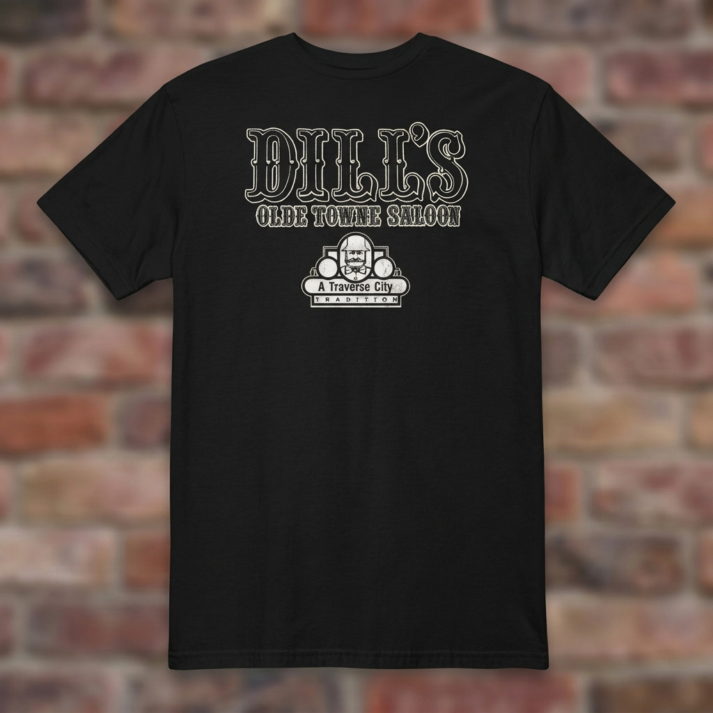 Dill’s Olde Towne Saloon Black T-shirt flat lay on brick background