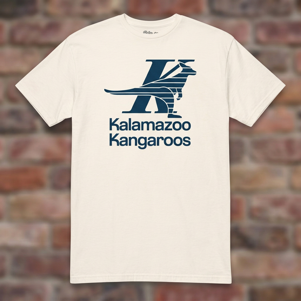 Kalamazoo Kangaroos Natural T-shirt flat lay on brick background