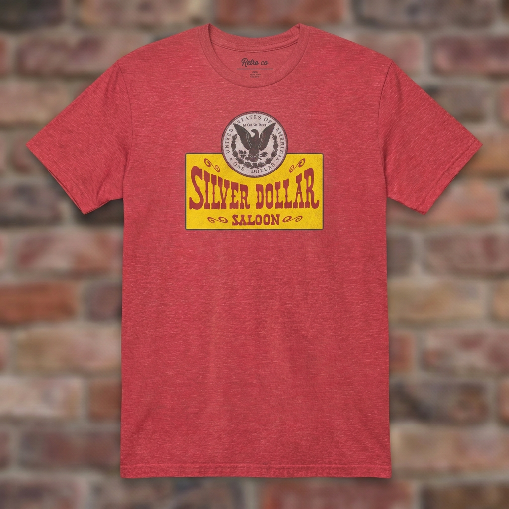 Silver Dollar Saloon Heather Red T-shirt flat lay on warm brick