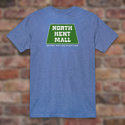 North Kent Mall Heather Royal T-shirt flat lay on brick background