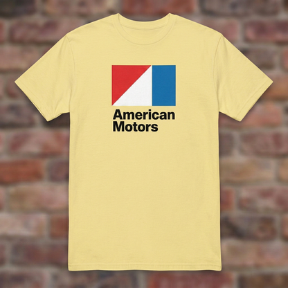 American Motors Cornsilk T-shirt flat lay on brick background