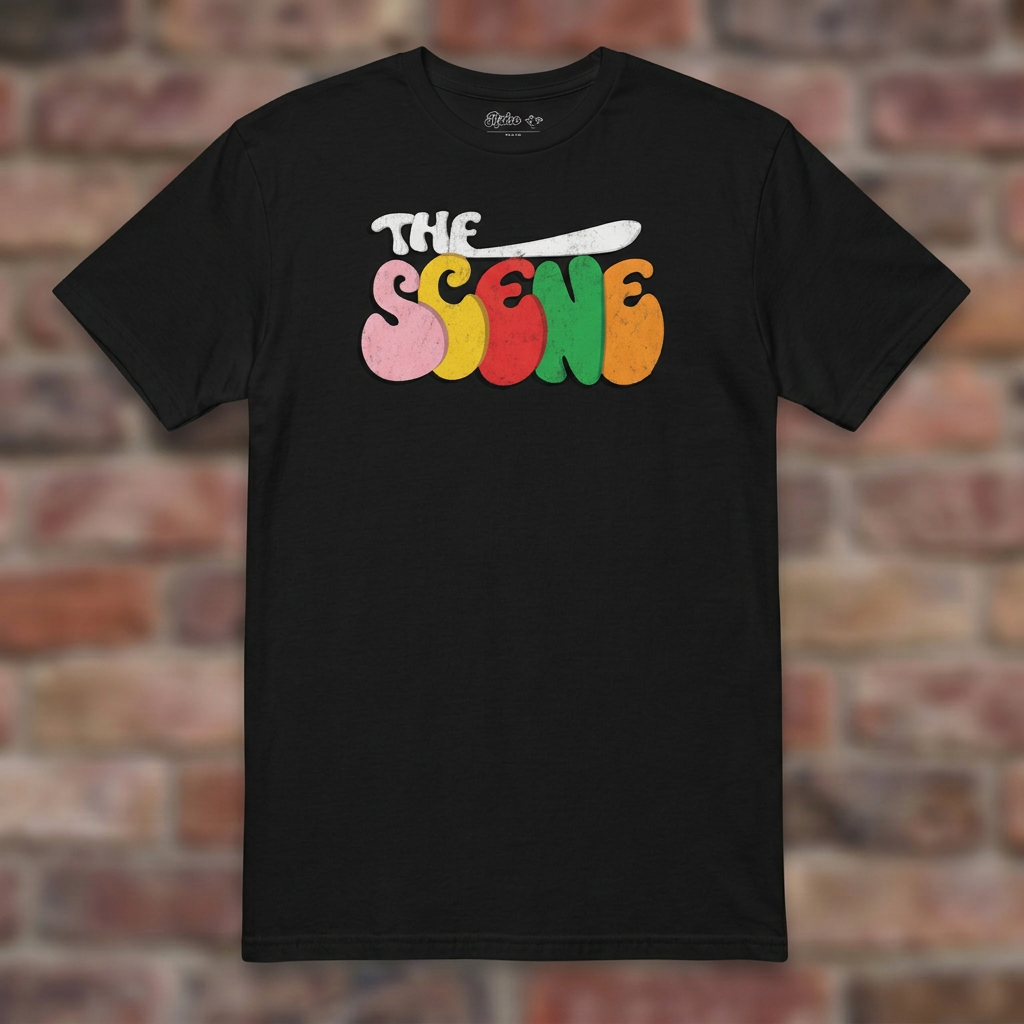 The Scene Detroit Black T-shirt flat lay on brick background
