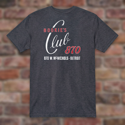 Bookie's Club 870 Detroit T-shirt in Heather Navy, flat lay on warm brick background