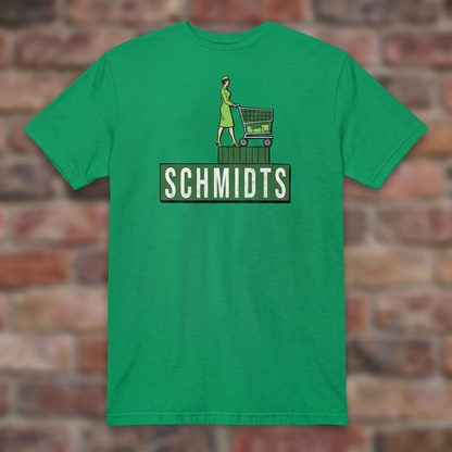 Schmidts Irish Green T-shirt flat lay on brick background