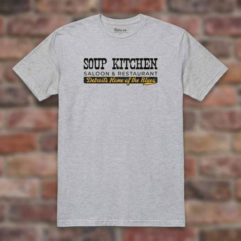 Soup Kitchen Saloon Sport Grey T-shirt flat lay on brick background
