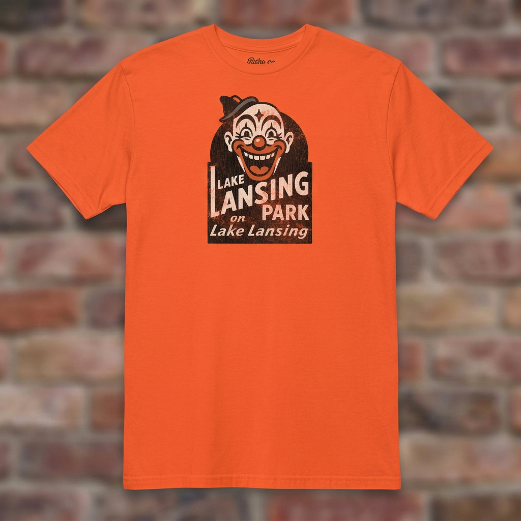 Lake Lansing Park Orange T-shirt flat lay on brick background