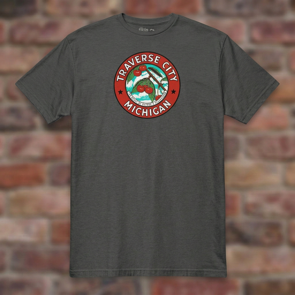 Traverse City Michigan Dark Heather Grey T-shirt flat lay on brick background