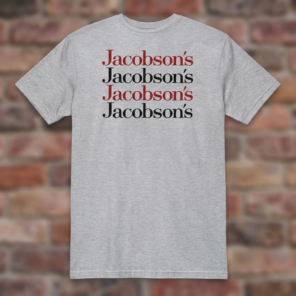 Jacobson's Sport Grey T-shirt flat lay on brick background