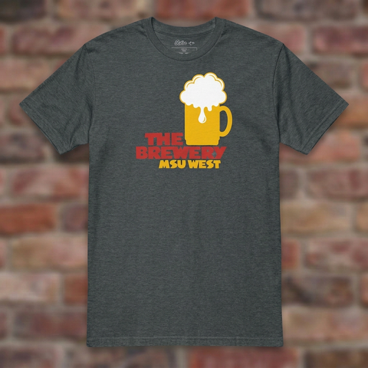 The Brewery East Lansing Dark Heather T-shirt flat lay on brick background