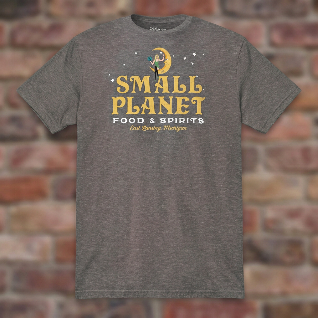 Small Planet East Lansing T-shirt in Graphite Heather on weathered brick background