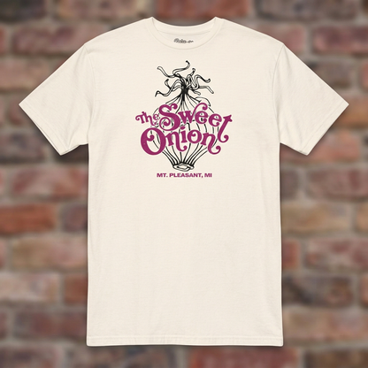 The Sweet Onion Natural T-shirt flat lay on brick background