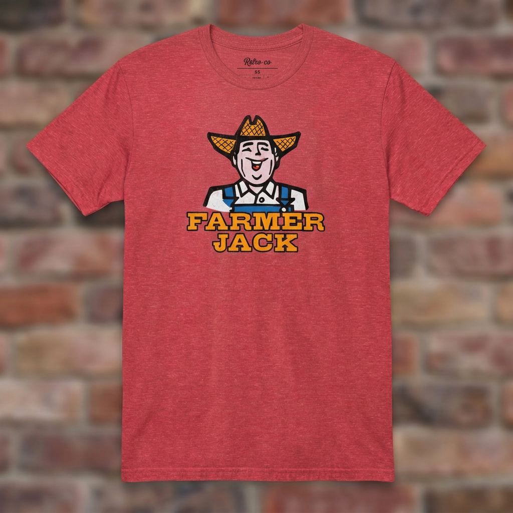 Heather Red Farmer Jack T-shirt flat lay on warm brick