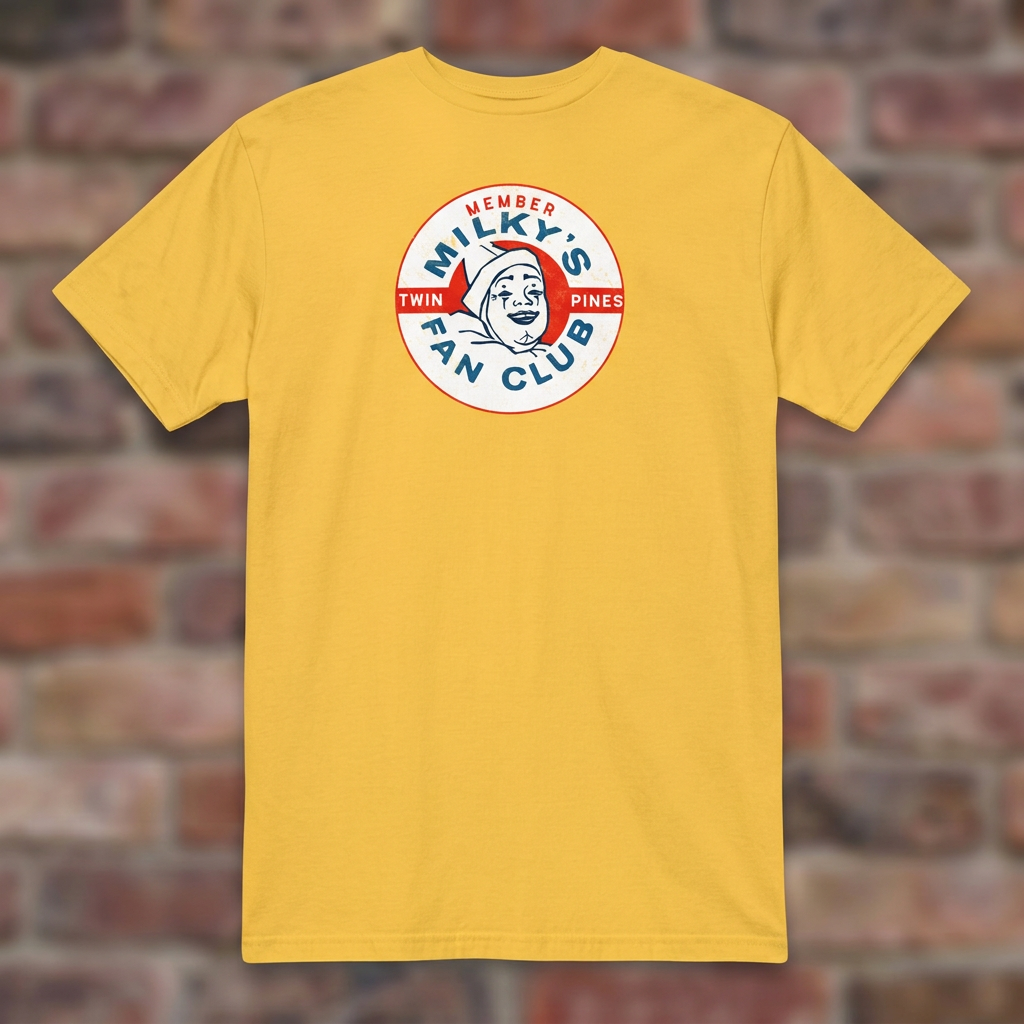 Milky the Clown Fan Club T-shirt in Daisy, flat lay on warm brick background