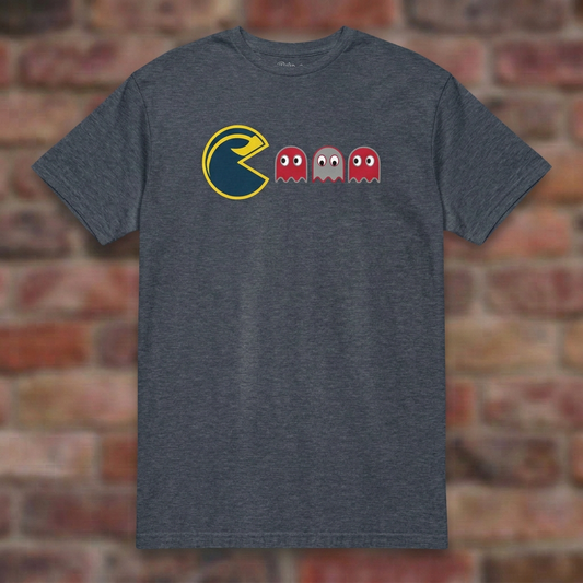 Wolverine Pac Man Rivals Heather Navy T-shirt flat lay on brick background