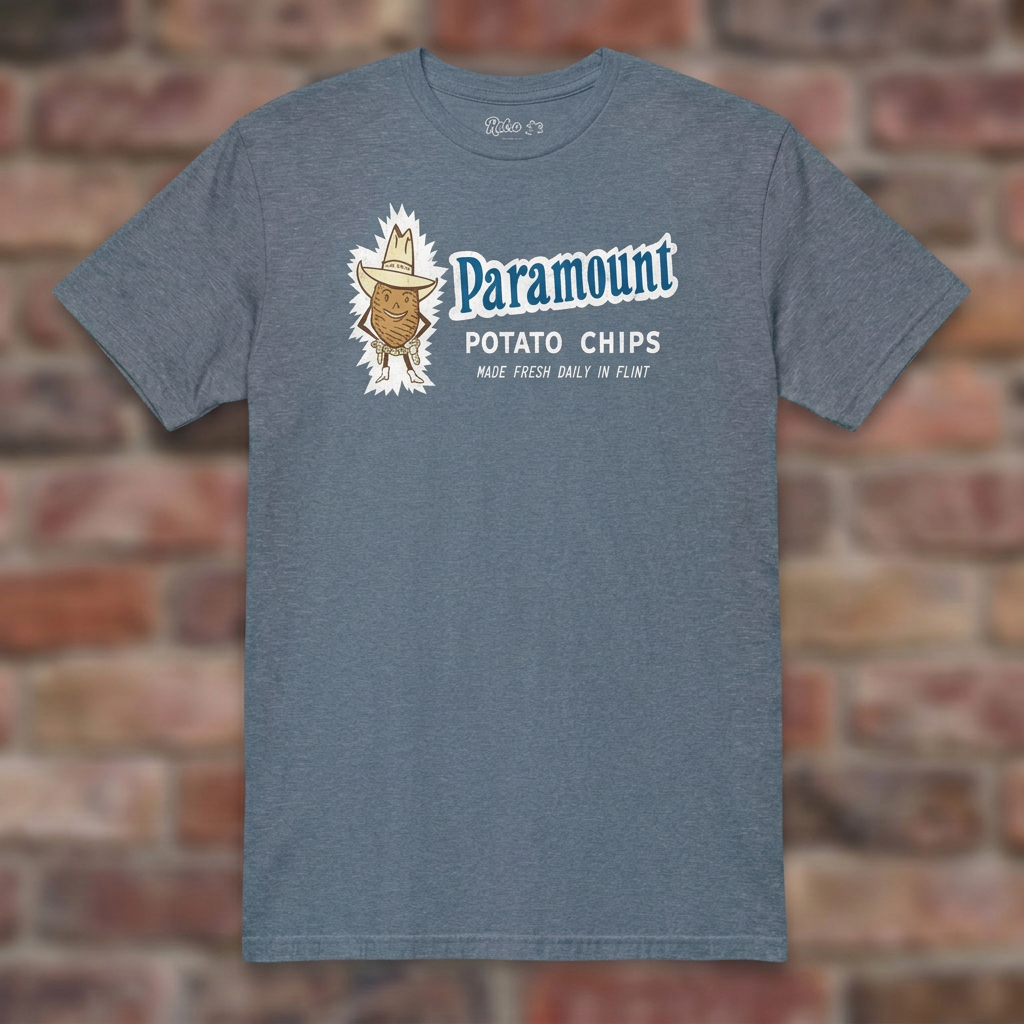 Paramount Potato Chips Heather Indigo T-shirt flat lay on brick background