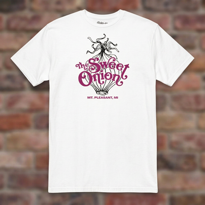 The Sweet Onion White T-shirt flat lay on brick background