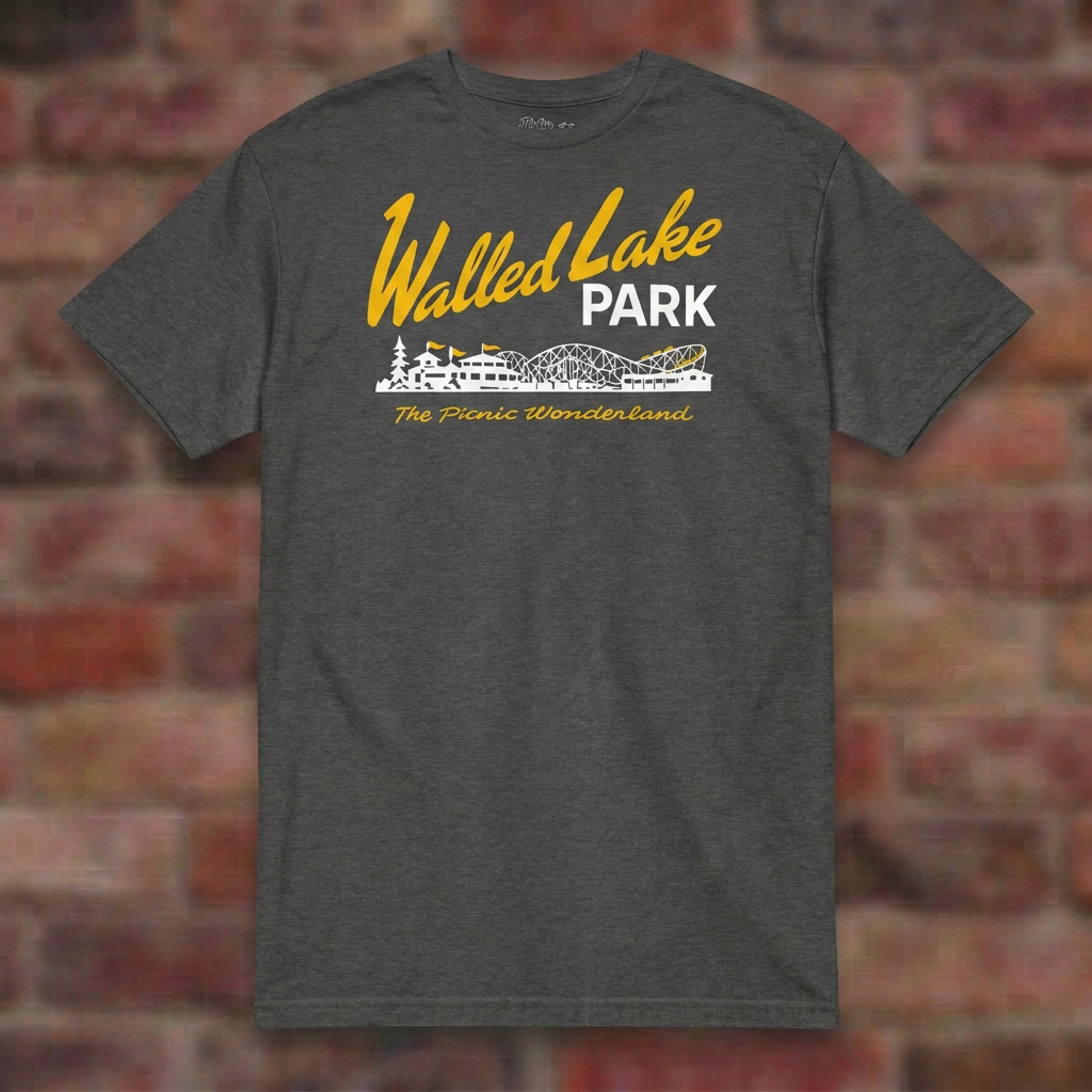 Walled Lake Park Dark Heather Grey T-shirt flat lay on brick background