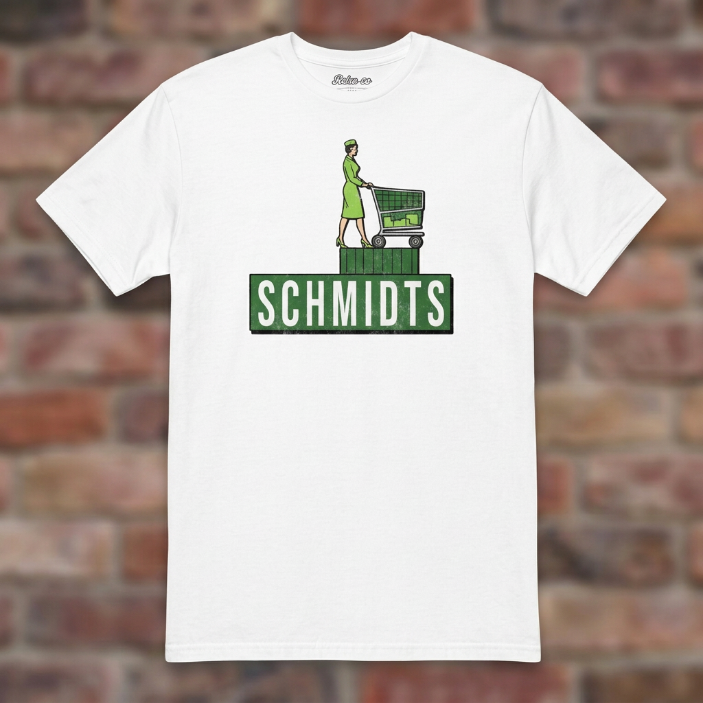 Schmidts White T-shirt flat lay on brick background