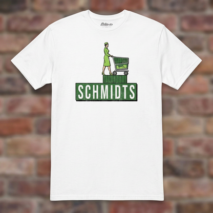 Schmidts White T-shirt flat lay on brick background