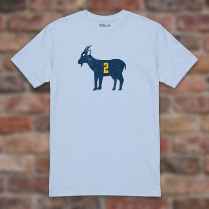 Light Blue GOAT Woodson T-shirt flat-lay against weathered brick