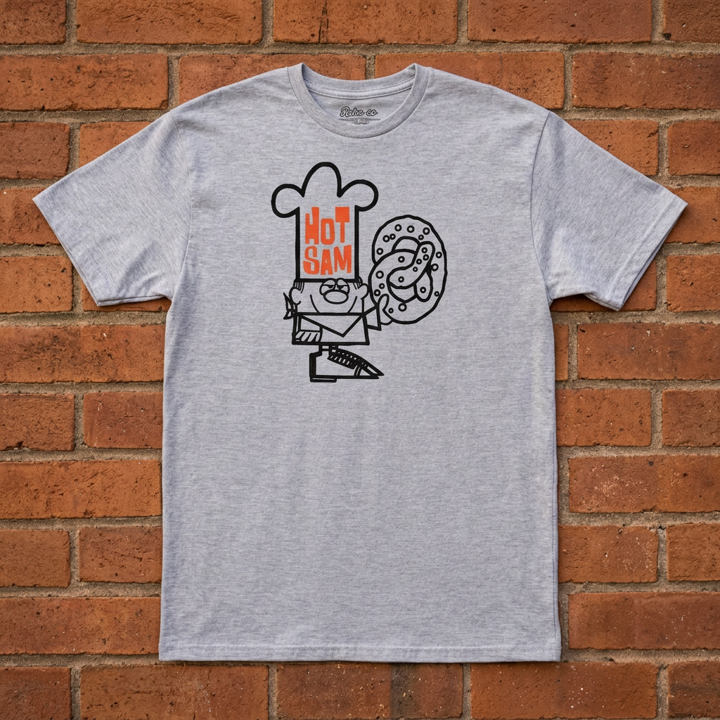 Hot Sam Pretzels T-shirt in Sport Grey, flat lay on warm brick background
