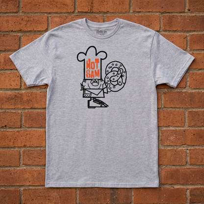 Hot Sam Pretzels T-shirt in Sport Grey, flat lay on warm brick background