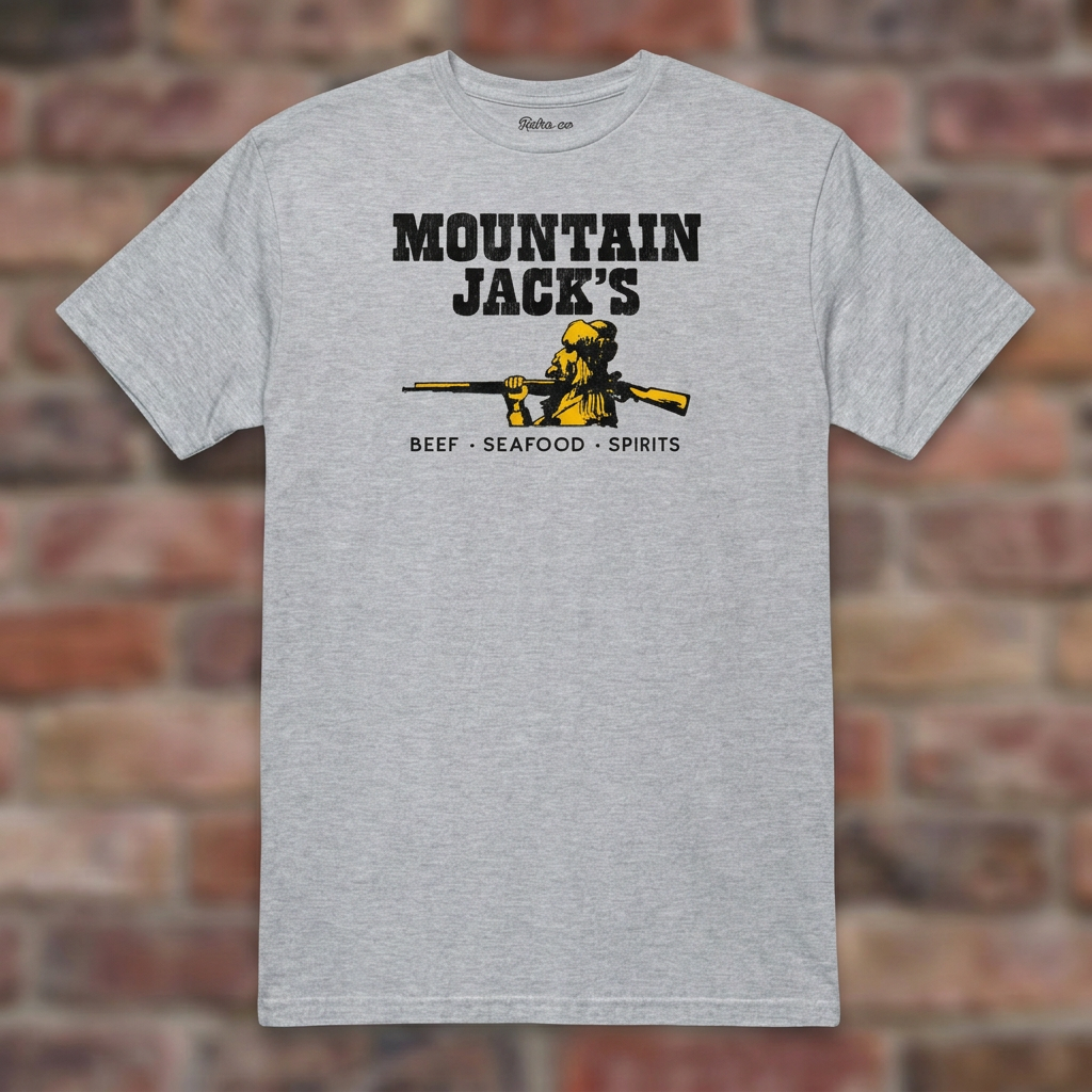 Mountain Jack's Sport Grey T-shirt flat lay on brick background