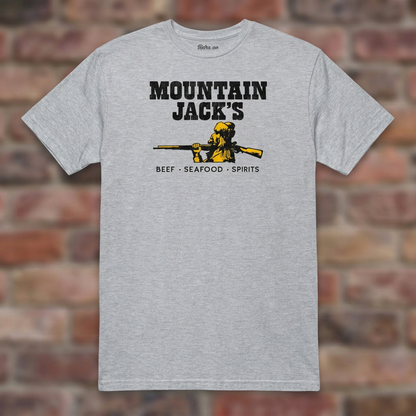 Mountain Jack's Sport Grey T-shirt flat lay on brick background