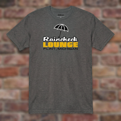 Raincheck Lounge Graphite Heather T-shirt flat lay on brick background