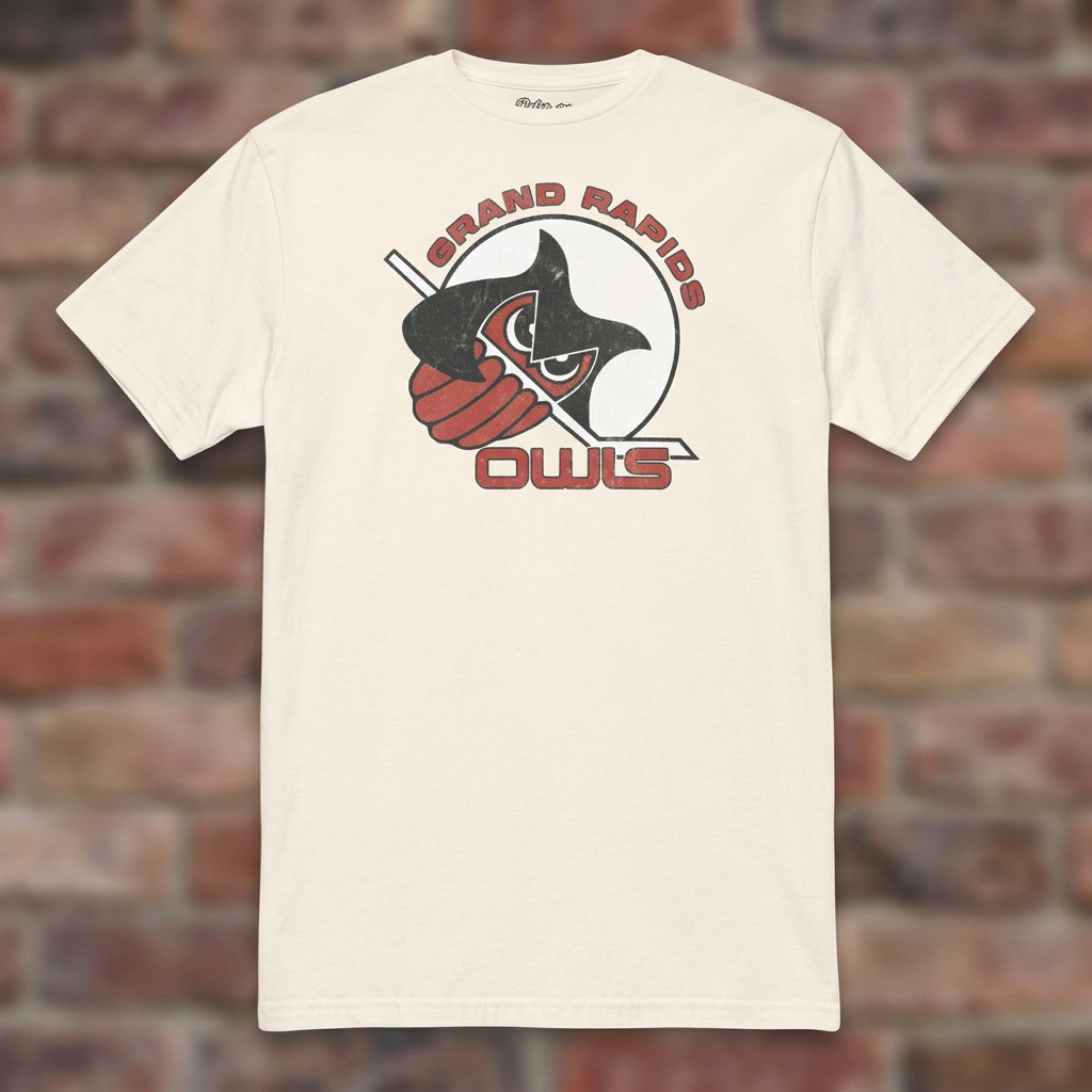 Grand Rapids Owls Hockey Natural T-shirt flat lay on brick background