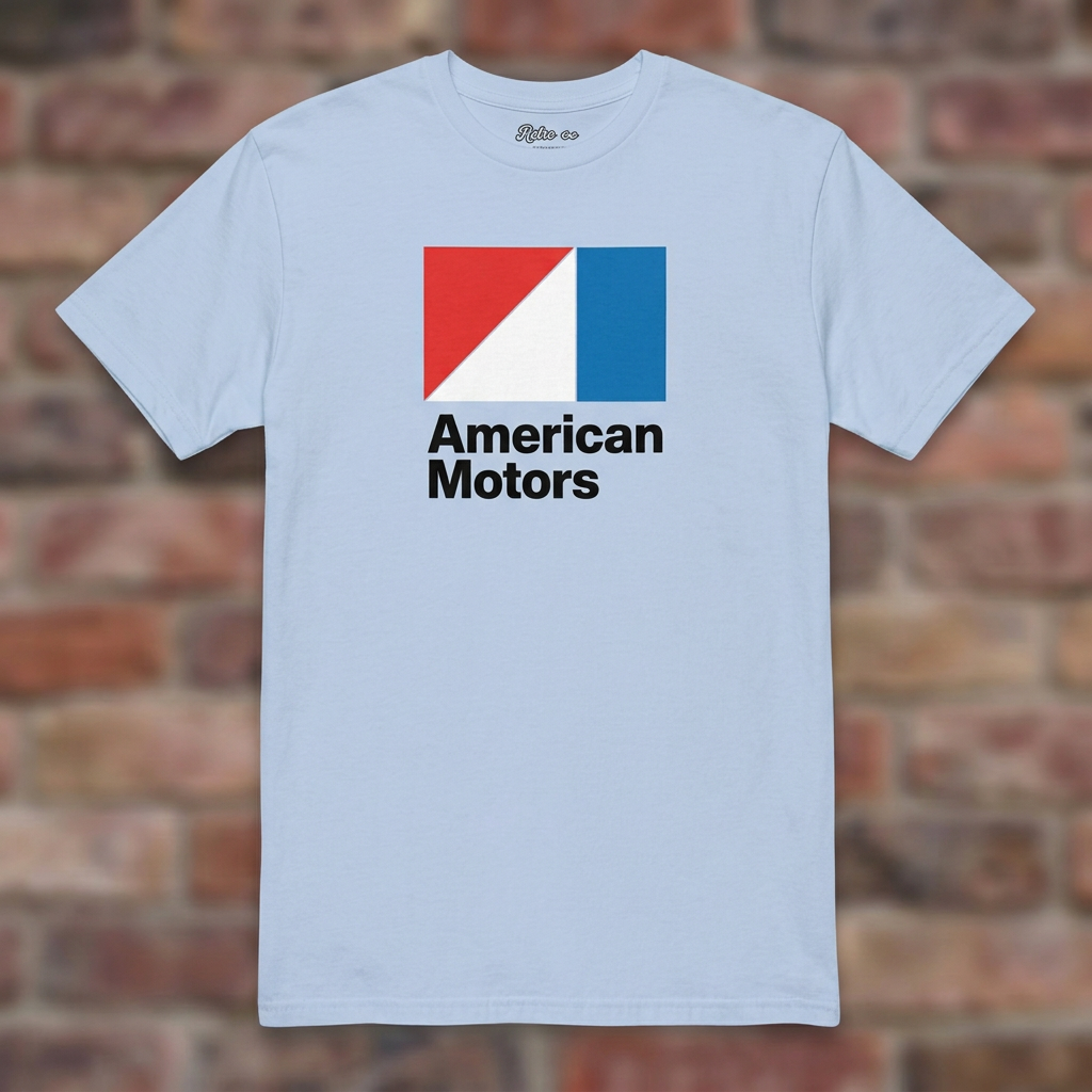 American Motors Light Blue T-shirt flat lay on brick background