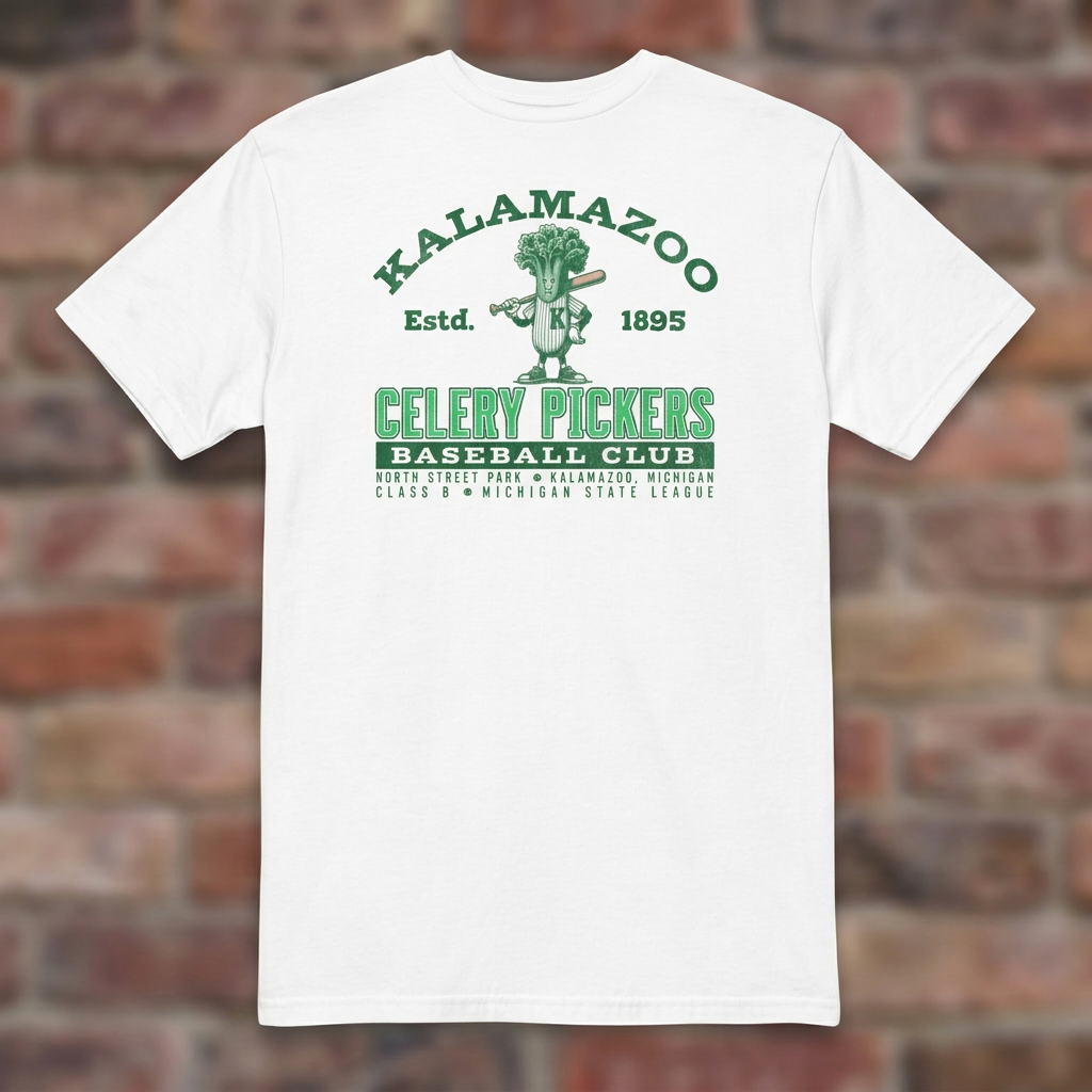 Kalamazoo Celery Pickers White T-shirt flat lay on brick background