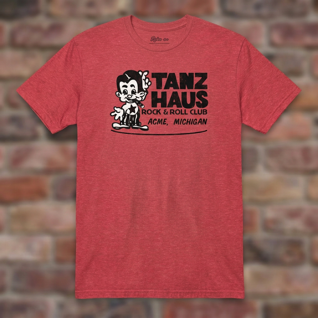 Tanz Haus Heather Red T-shirt flat lay on warm brick